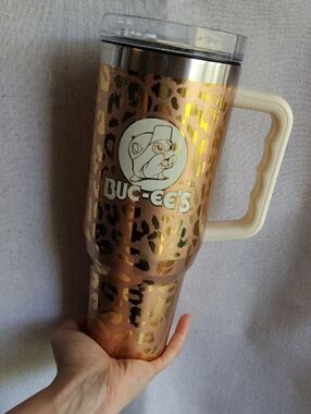 Buc-ee's Rose Gold Leopard Travel Tumbler with Handle